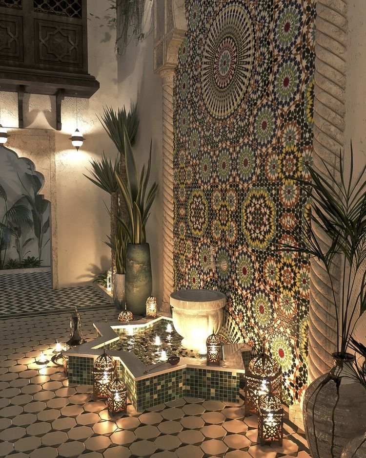 Riad fountain lanterns Morocco
